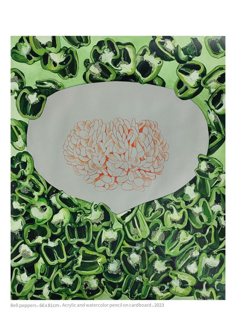 Bell Peppers - 66x81 cm - acrylic and watercolor pencil on cardboard - 2023